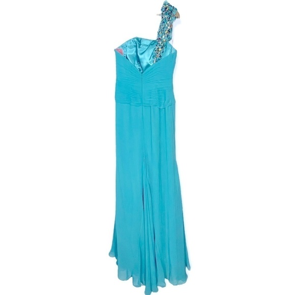 TONY BOWLS BEADED ONE SHOULDER HIGH SLIT CASCADE TRAIN PROM PAGEANT FORMAL GOWN - Picture 3 of 16